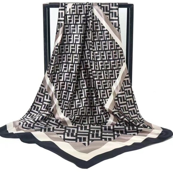 Women's Polyester Double Letter F Scarf Black and Gray 90cm x 90cm - Picture 1 of 2